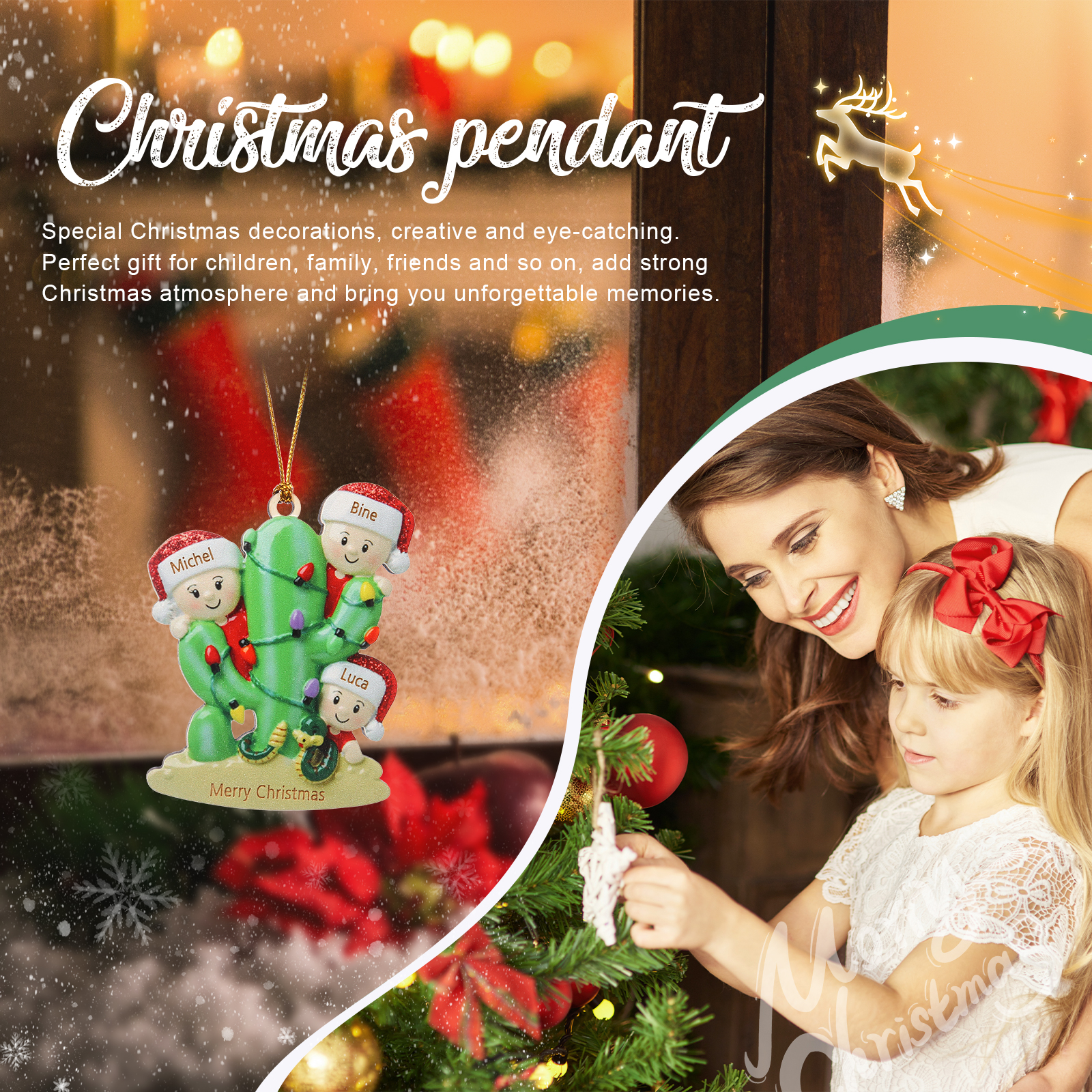 Navidad-Ornamento muñecos navideño de madera cactus 3 nombres y 1 texto personalizados adorno del árbol-Jessemade ES