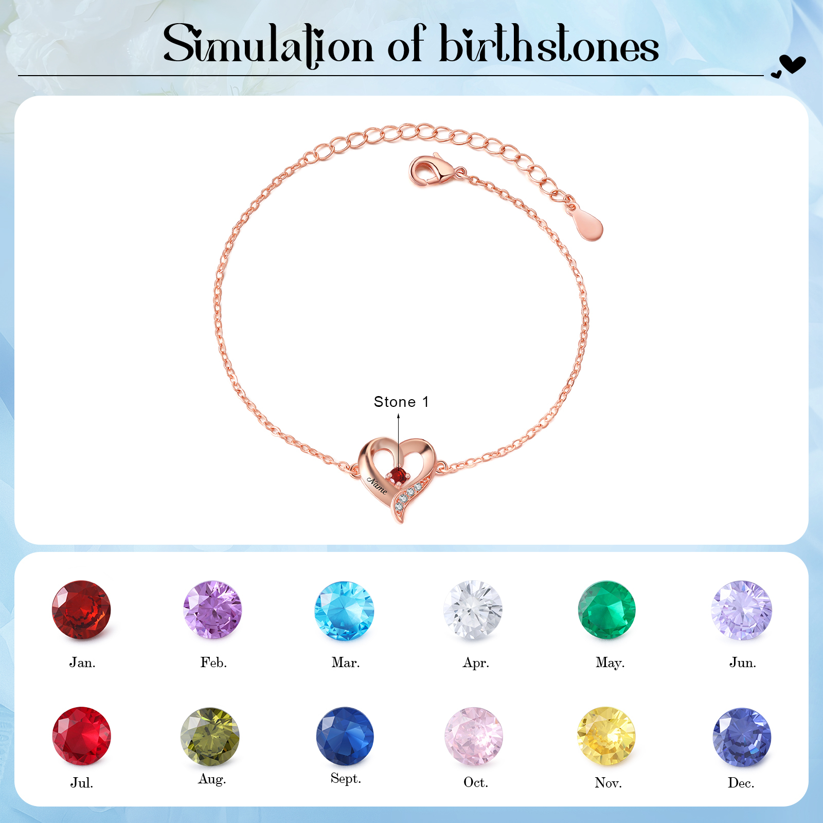 Pulsera 1-7 nombres y piedras personalizados con dije de corazón-Jessemade ES