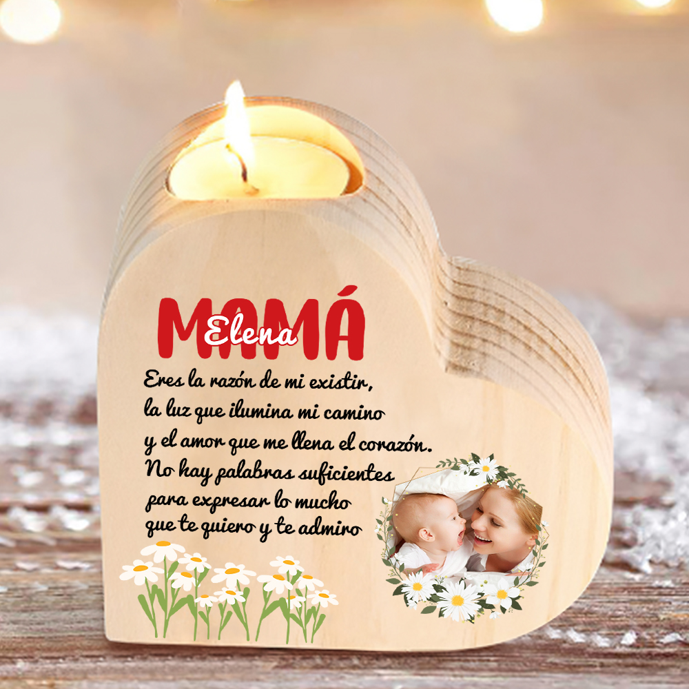 A mi mamá-Candelero con nombre y foto personalizados en forma de corazón de madera sin candela-Jessemade ES