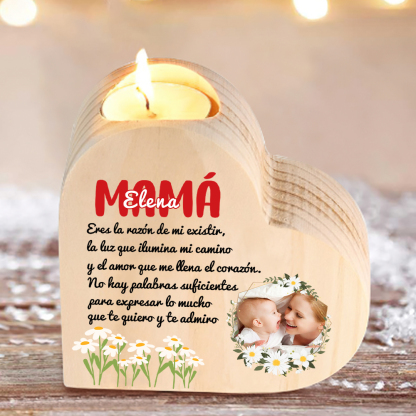 A mi mamá-Candelero con nombre y foto personalizados en forma de corazón de madera sin candela-Jessemade ES