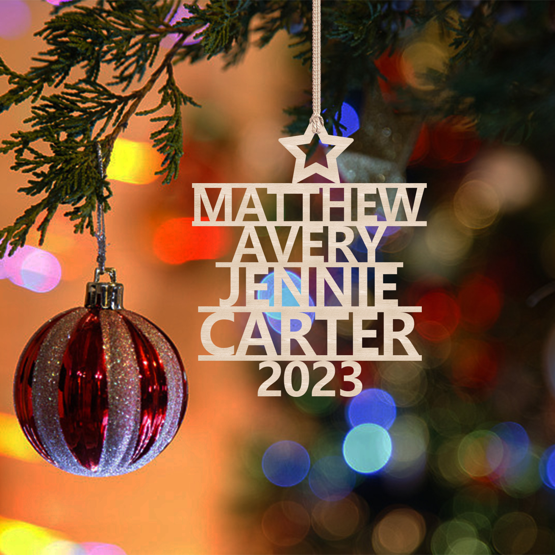 Navidad-Ornamento navideño de madera árbol de nombres con 4 nombres y año personalizados