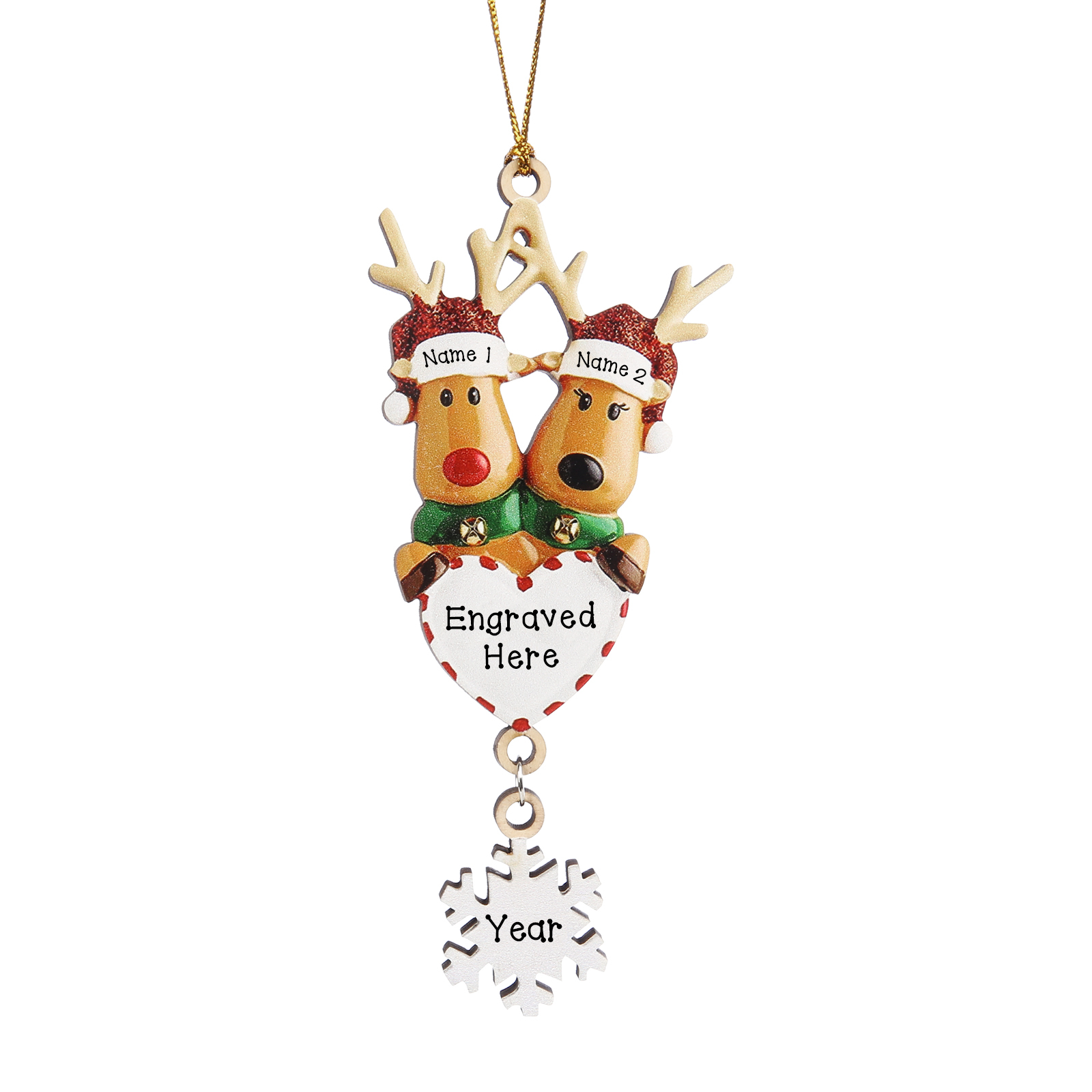 Navidad-Ornamentos Navideños de Madera Renos 2 Nombres con Texto y Año Personalizados