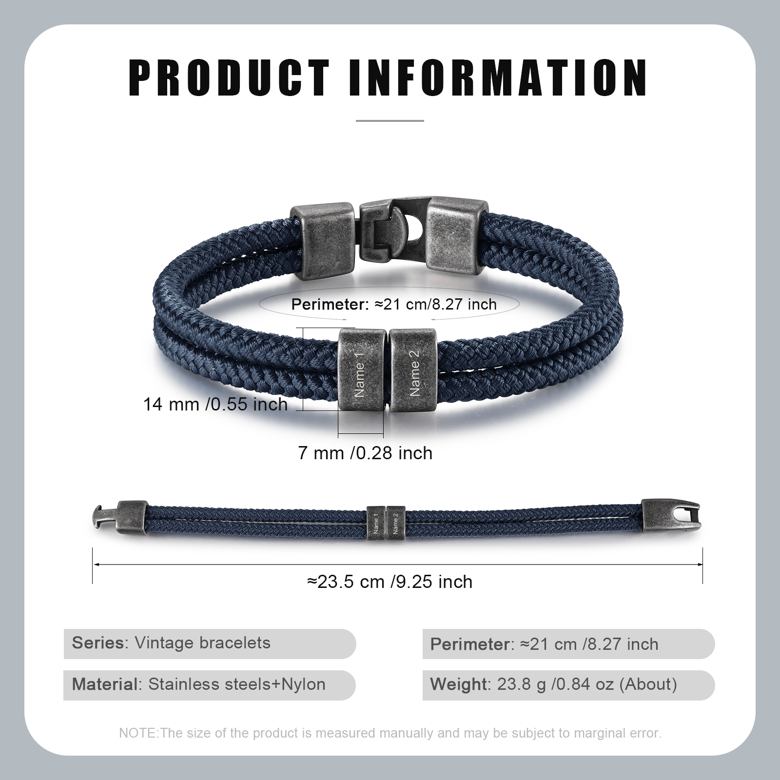 2-4 Nombres Personalizados Pulsera de Cuerda Turquí Aros de Acero Inoxidable-Jessemade ES