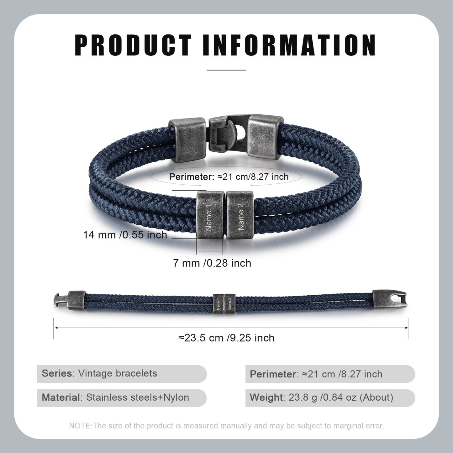 2-4 Nombres Personalizados Pulsera de Cuerda Turquí Aros de Acero Inoxidable-Jessemade ES