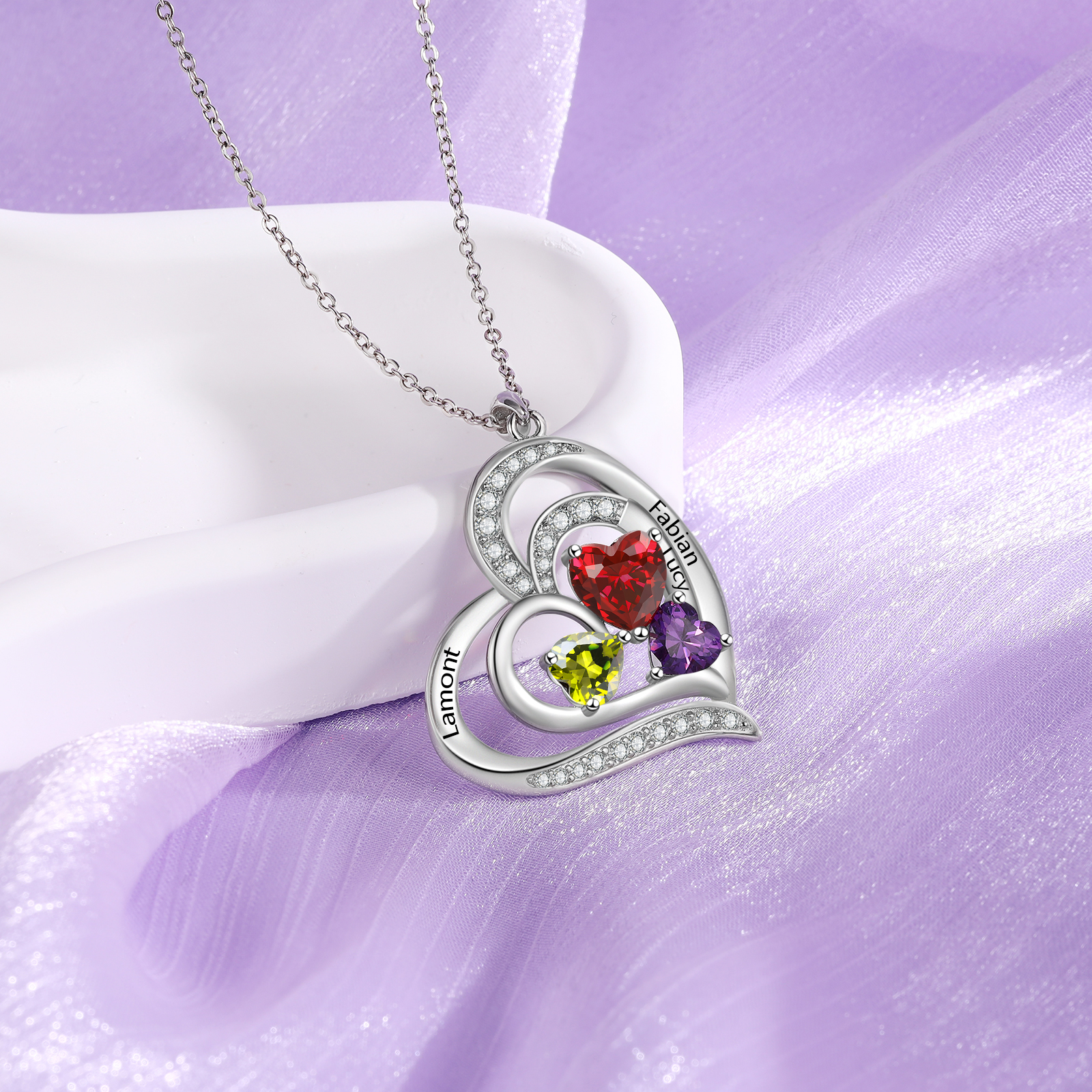 Collar de corazón con 3 nombres y piedras de nacimiento personalizados-Jessemade ES