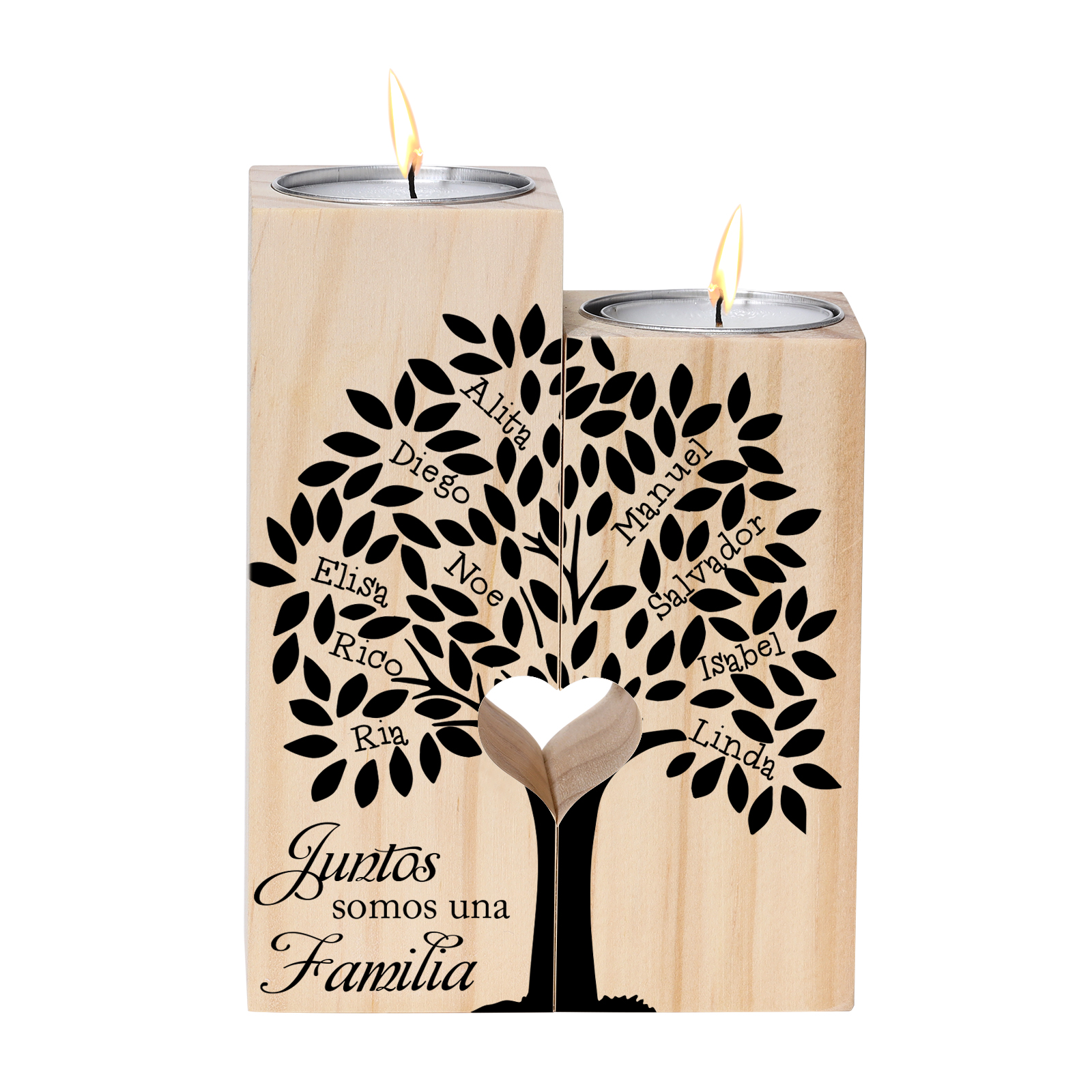 A la familia-Candelero de árbol de la vida de madera personalizado con 2-10 nombres y 1 texto sin vela-Jessemade ES