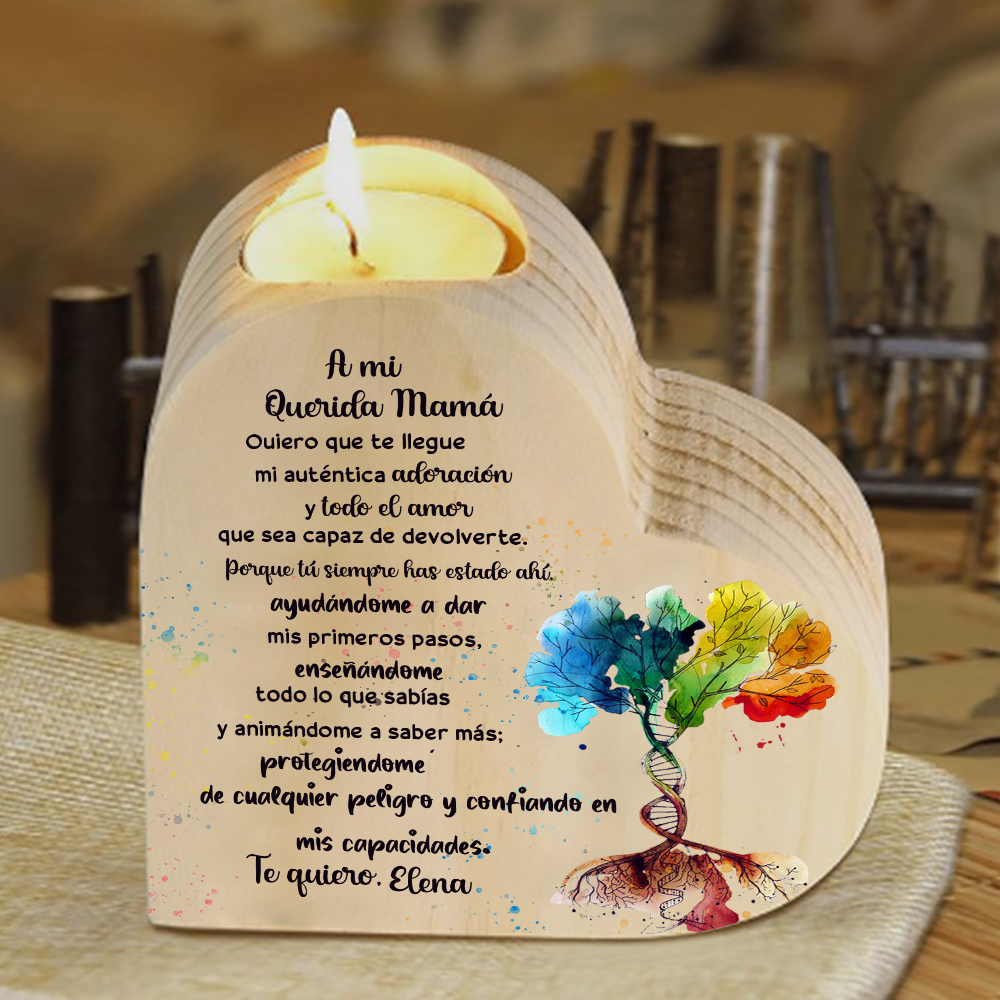A mi mamá-Candelero con nombre personalizado en forma de corazón de madera sin candela-Jessemade ES