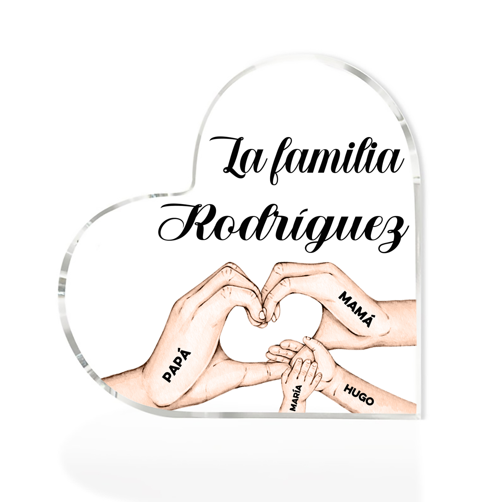 Placa de acrílico en forma de corazón mano a mano con 1 texto y 4 nombres personalizados-Jessemade ES