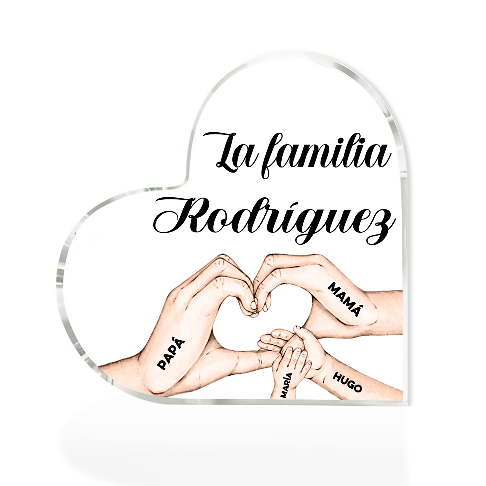 Placa de acrílico en forma de corazón mano a mano con 1 texto y 4 nombres personalizados-Jessemade ES