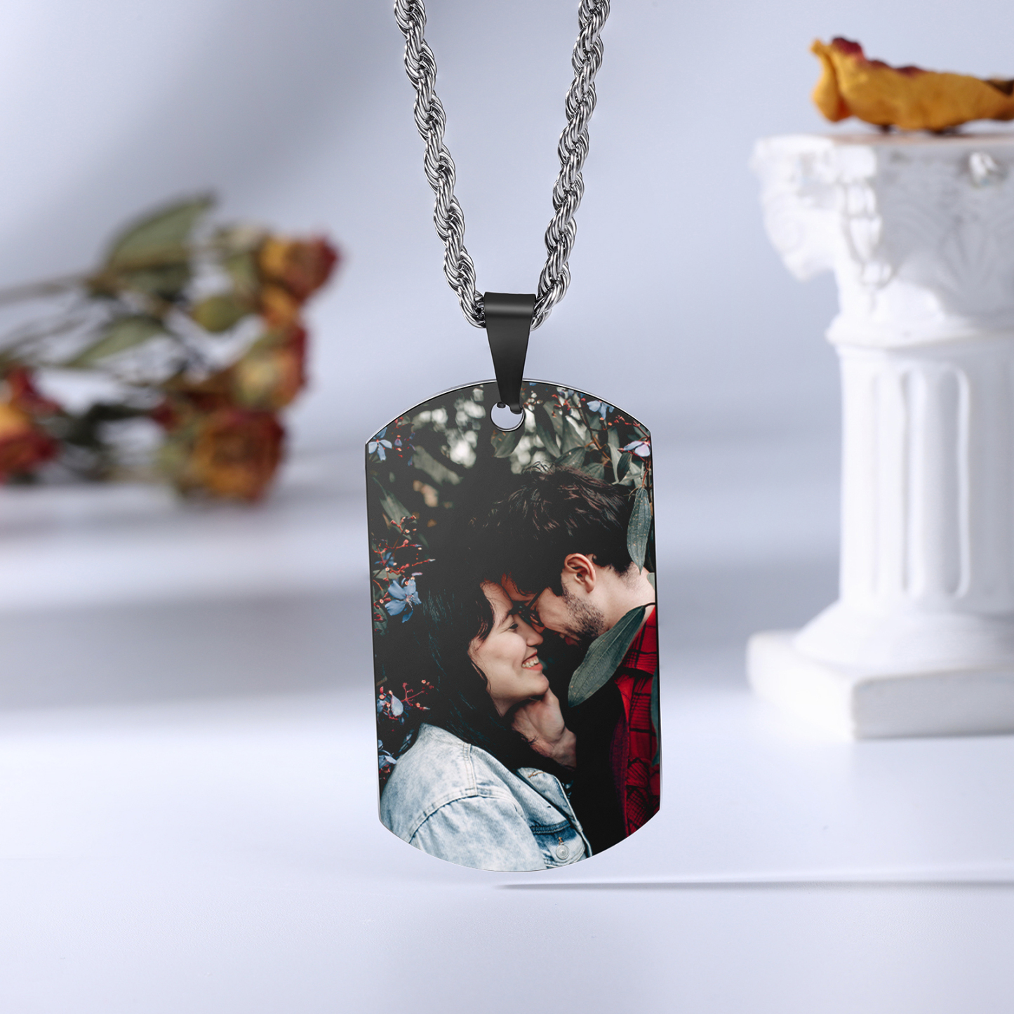 Collar de placa con foto personalizado con 2 nombres, fecha en la trasera para hombre-Jessemade ES