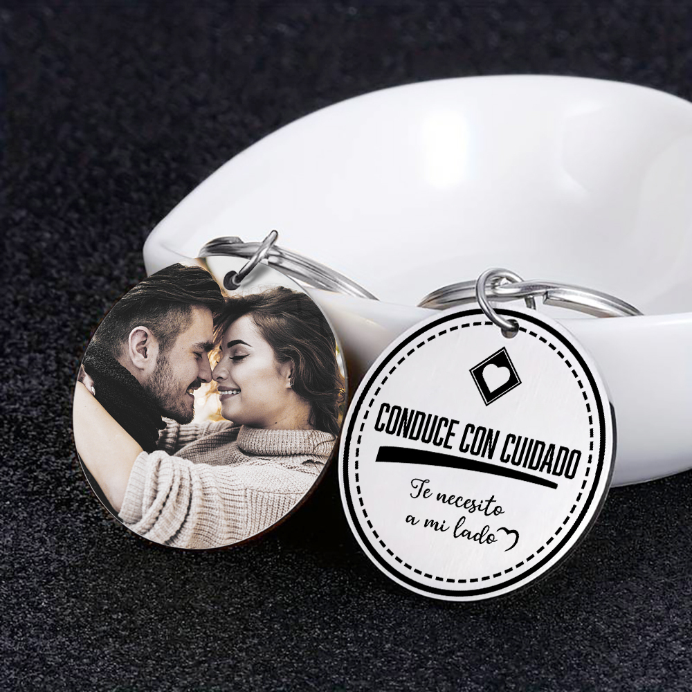 Llavero para pareja "Conduce con cuidado" 1 foto personalizada-Jessemade ES