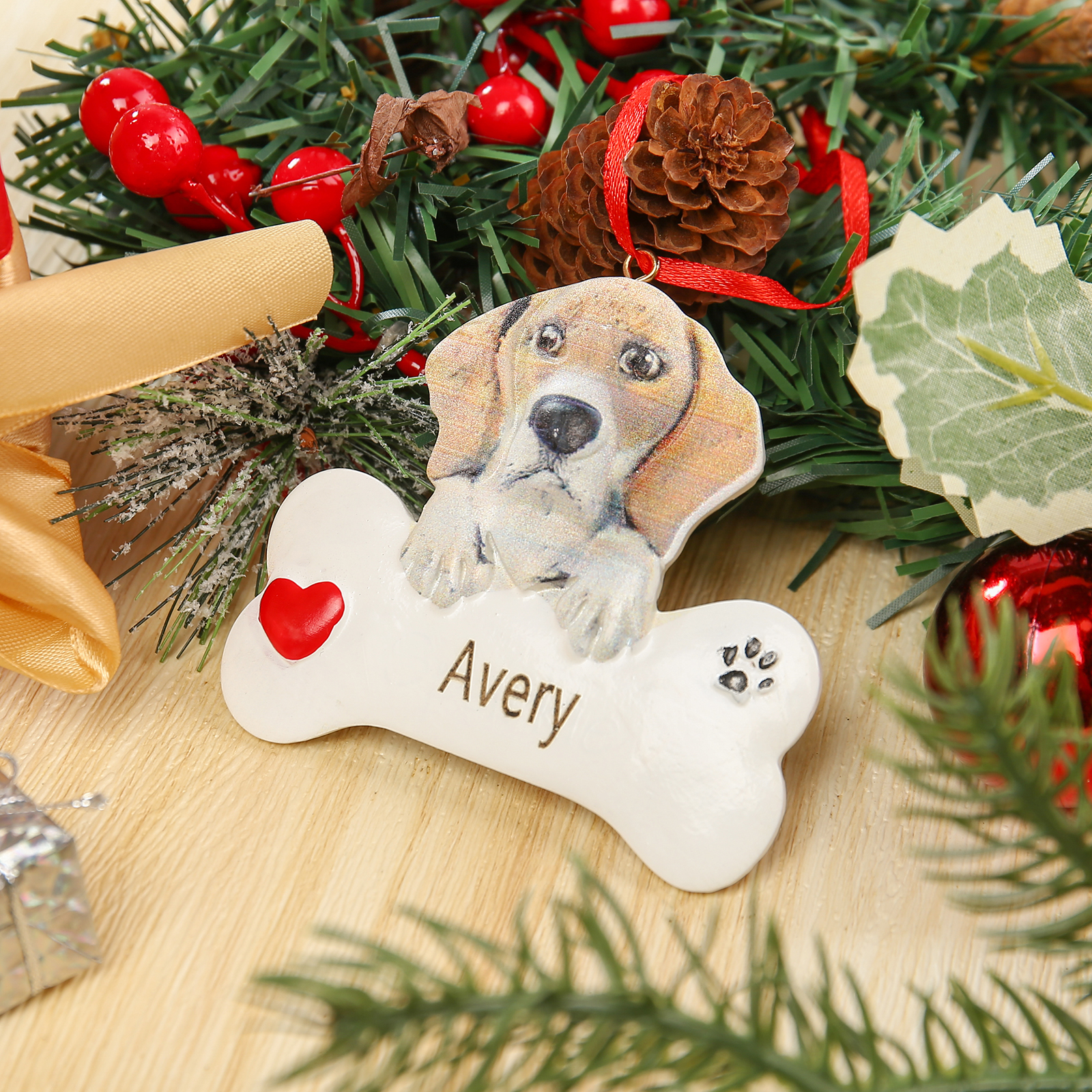 Navidad-Ornamento navideño de resina mascota perro Beagle 1 nombre personalizado adorno del árbol