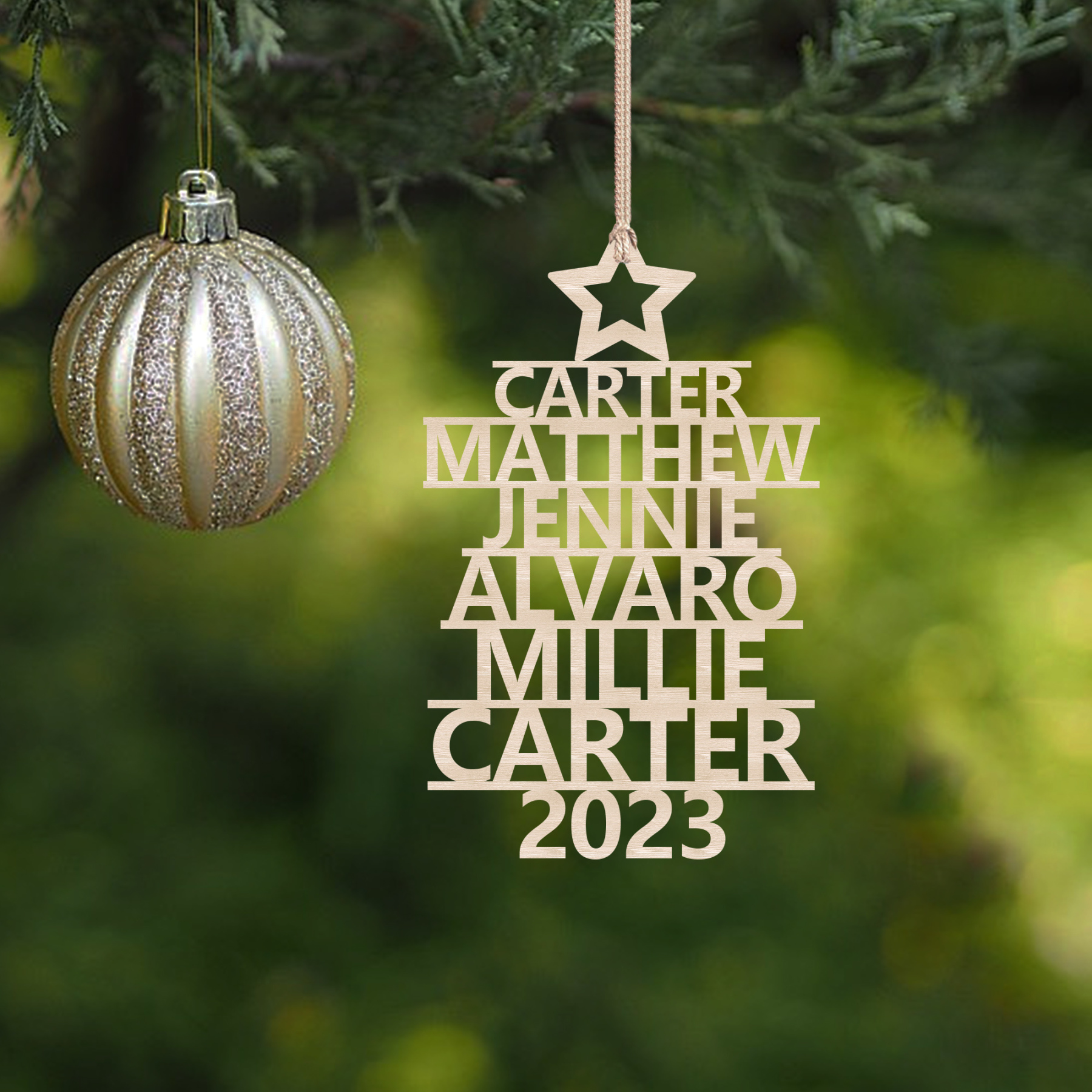Navidad-Ornamento navideño de madera árbol de nombres con 6 nombres y año personalizados
