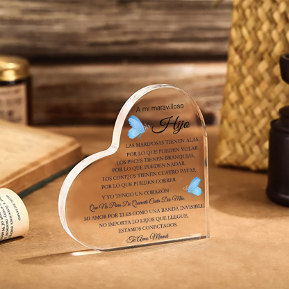 A mi hijo-Placa de acrílico en forma de corazón con 1 texto personalizado-Jessemade ES