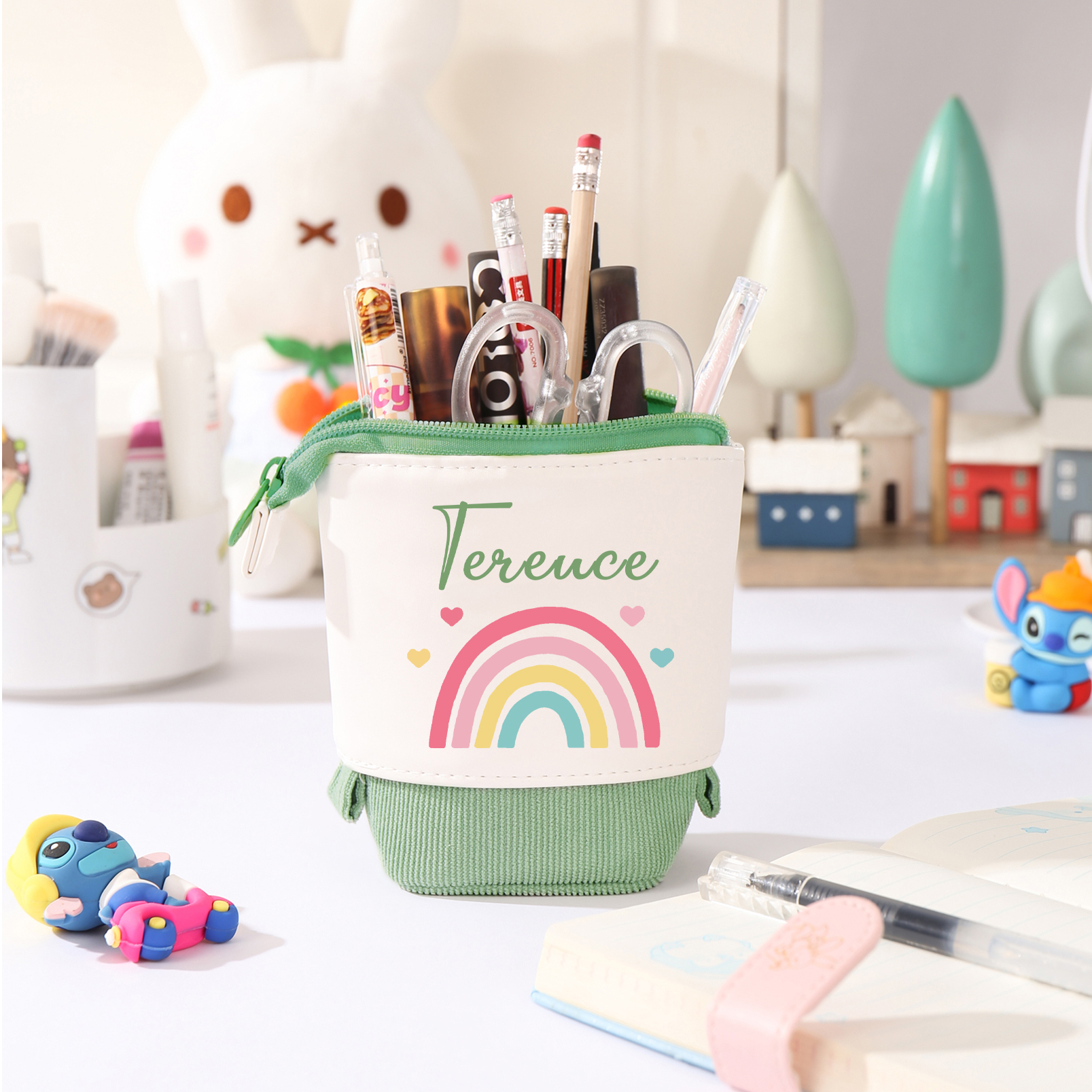 Estuche personalizado con nombre con diseños coloridos de iris para niños