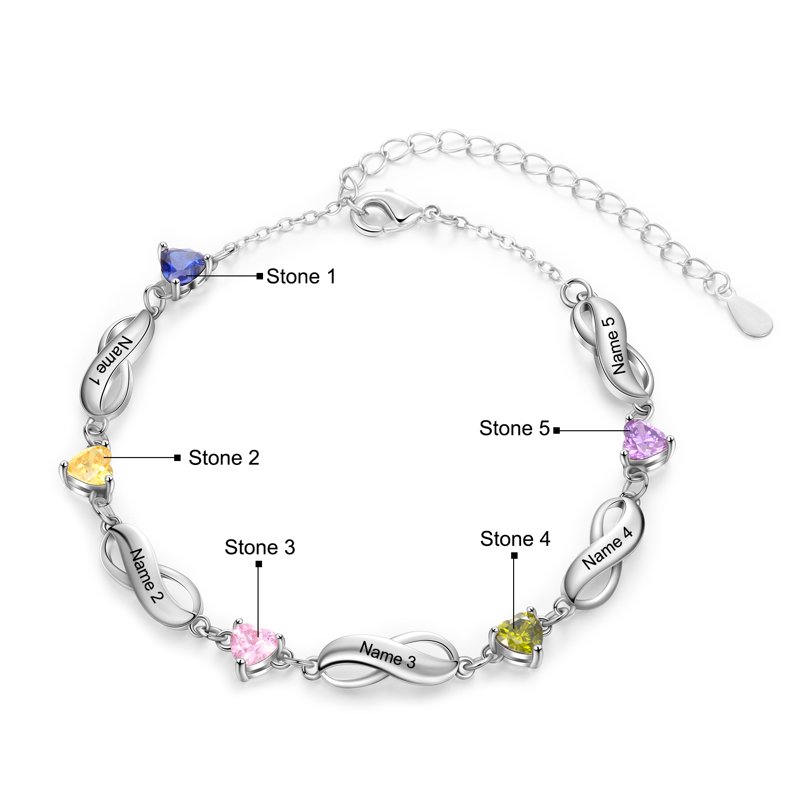 Pulsera "infinito" personalizada con 5 nombres y 5 piedras de nacimiento de corazón-Jessemade ES