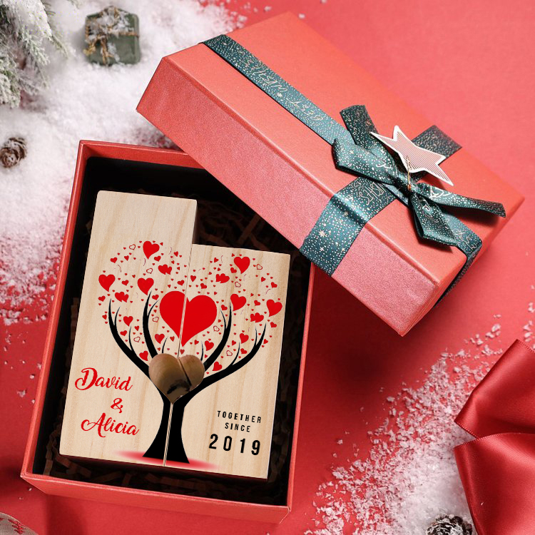 Candelero de árbol de amor para pareja de madera de dos piezas sin candela con 2 nombres y texto personalizados y año-Jessemade ES
