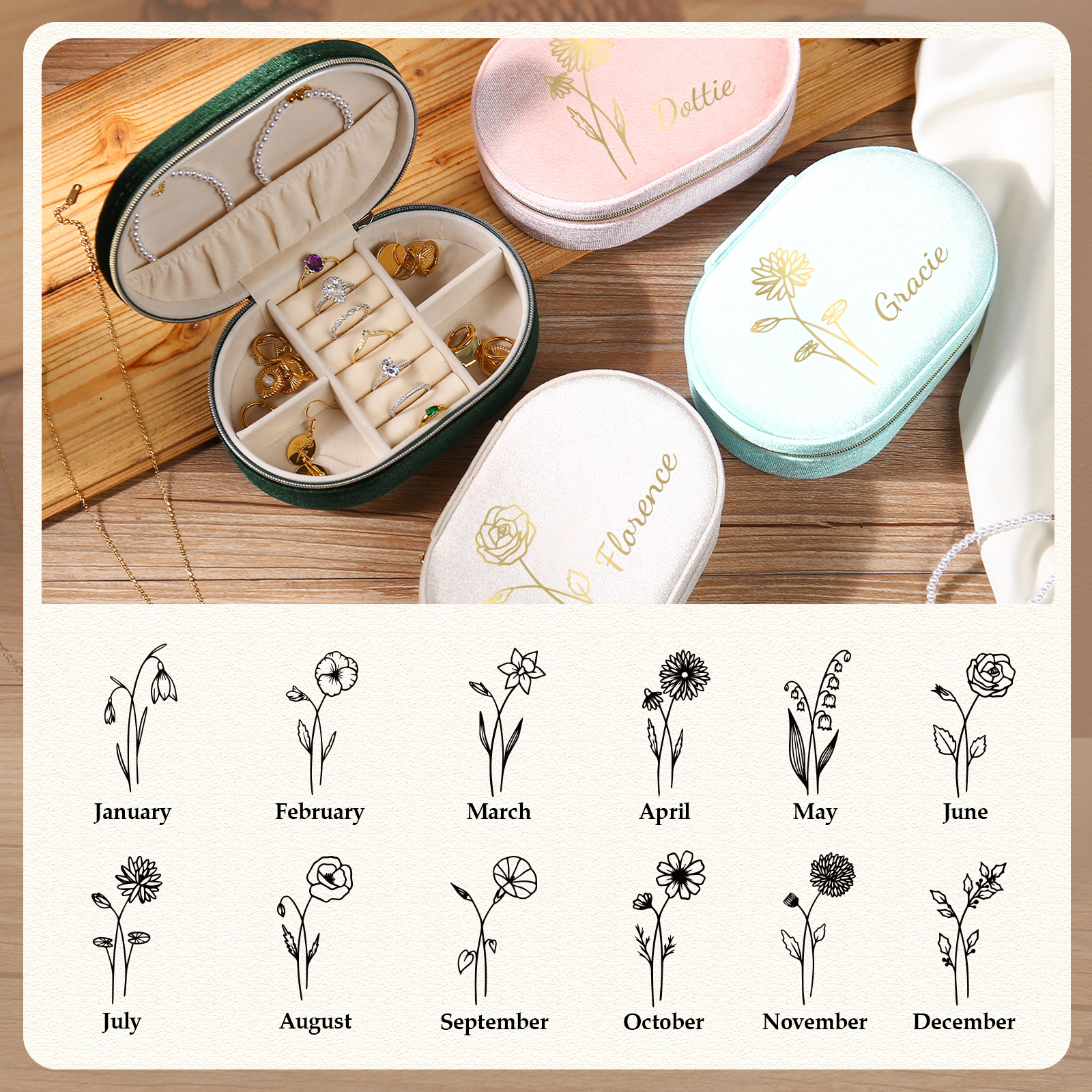 Caja de regalo para joya personalizada con nombre y flor de nacimiento-Jessemade ES
