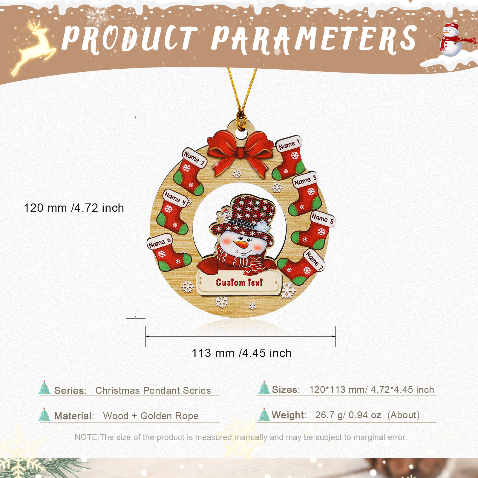 Navidad-Ornamentos Navideños de Madera Muñecos de Nieve y Calcetines 7 Nombres con Texto Personalizados-Jessemade ES