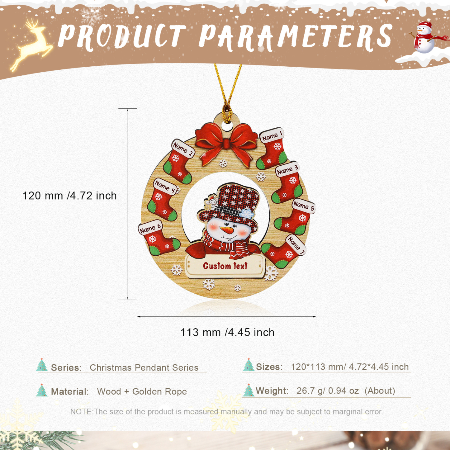 Navidad-Ornamentos Navideños de Madera Muñecos de Nieve y Calcetines 7 Nombres con Texto Personalizados-Jessemade ES