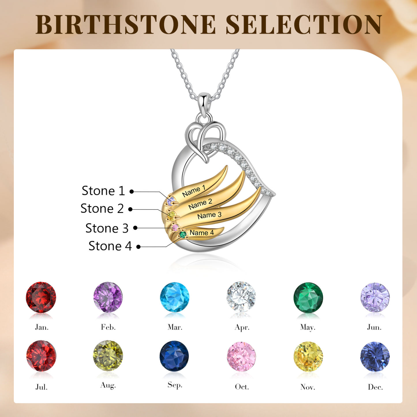 Collar en corazón con 2-5 nombres personalizados y 2-5 piedras de nacimiento-Jessemade ES