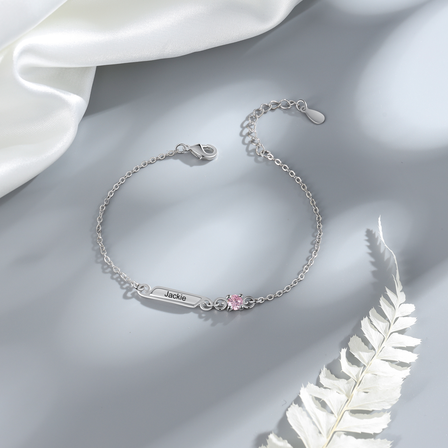 Pulsera de lazo y placita personalizada de 1 nombre con 1 piedra de nacimiento-Jessemade ES