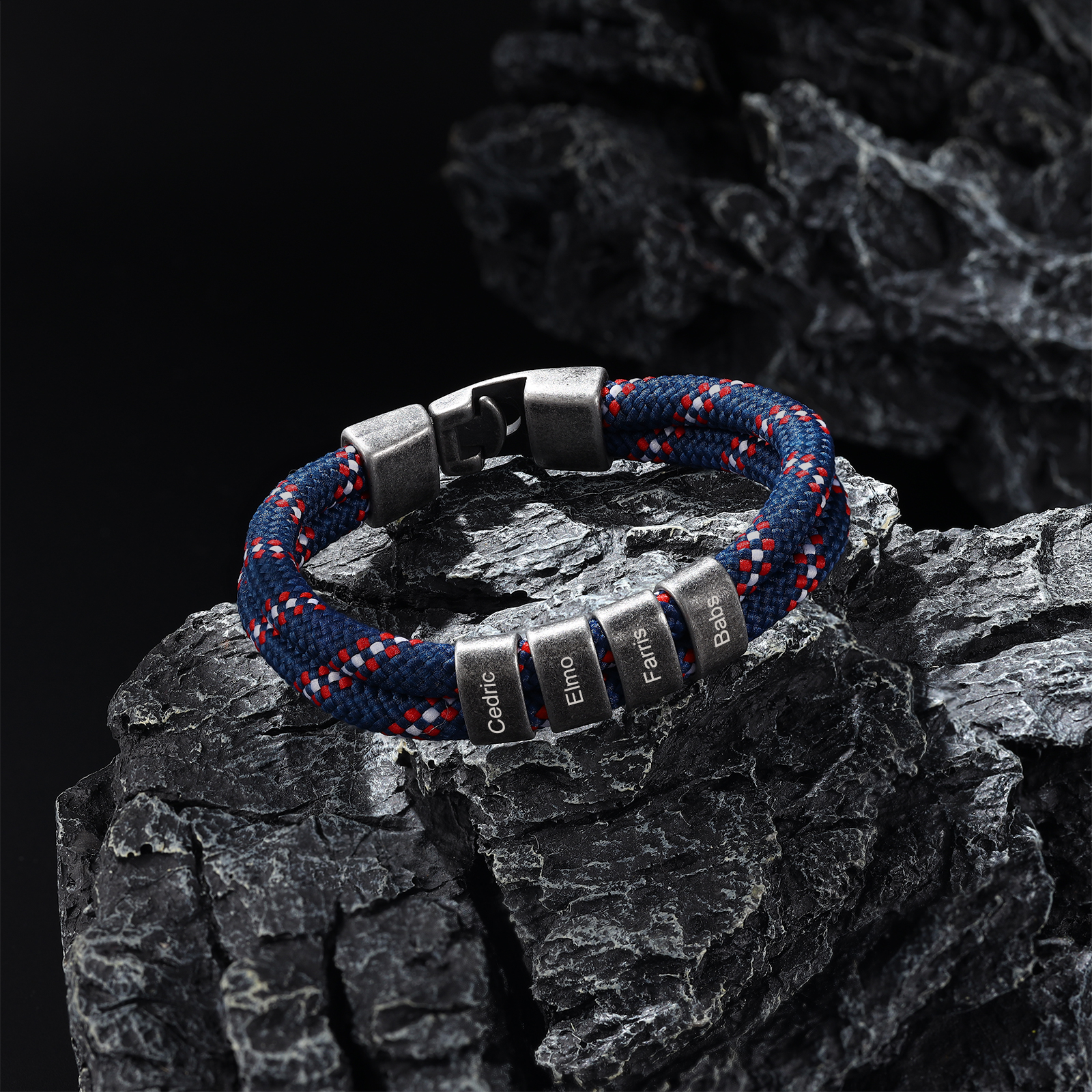 2-4 Nombres Personalizados Pulsera de Cuerda Azul Marino con Rojo y Blanco Aros de Acero Inoxidable-Jessemade ES