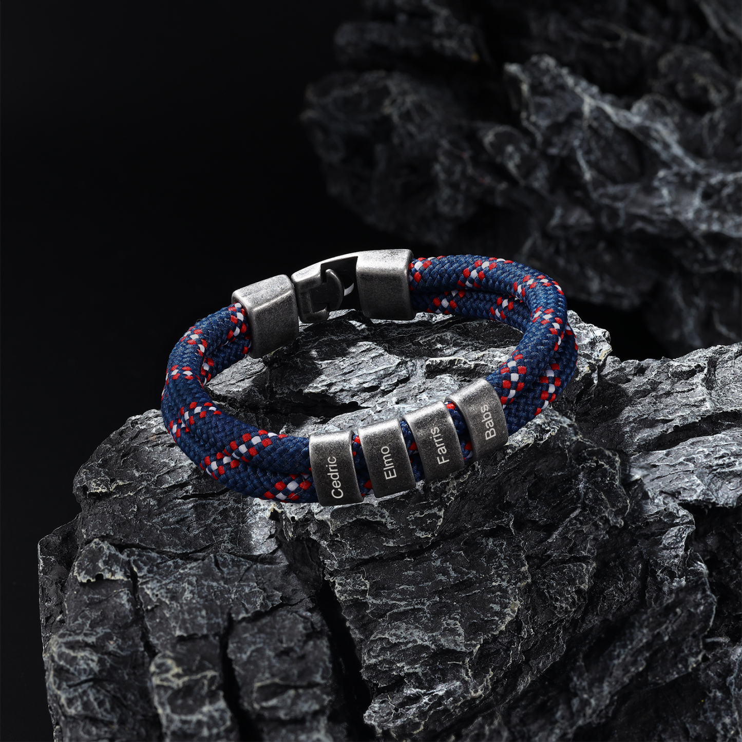 2-4 Nombres Personalizados Pulsera de Cuerda Azul Marino con Rojo y Blanco Aros de Acero Inoxidable-Jessemade ES