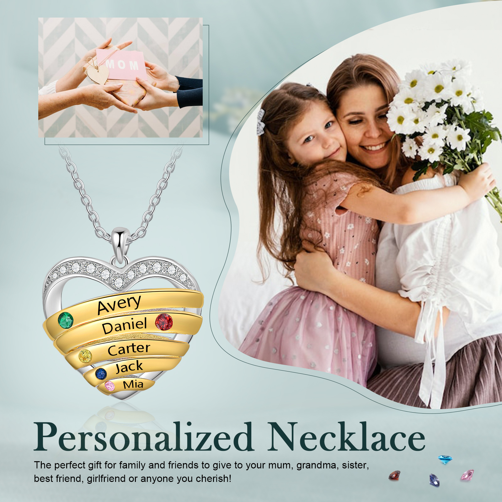 Collar de corazón con 5 nombres y piedras de nacimiento personalizados-Jessemade ES