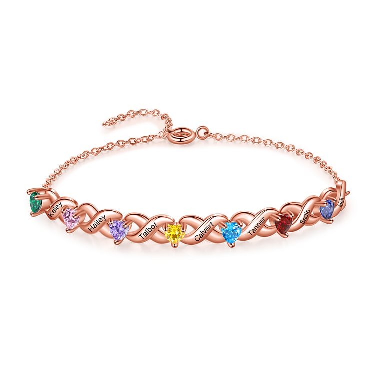 Pulsera infinito personalizada con 7 nombres y 7 piedras de nacimiento de corazón -Jessemade ES