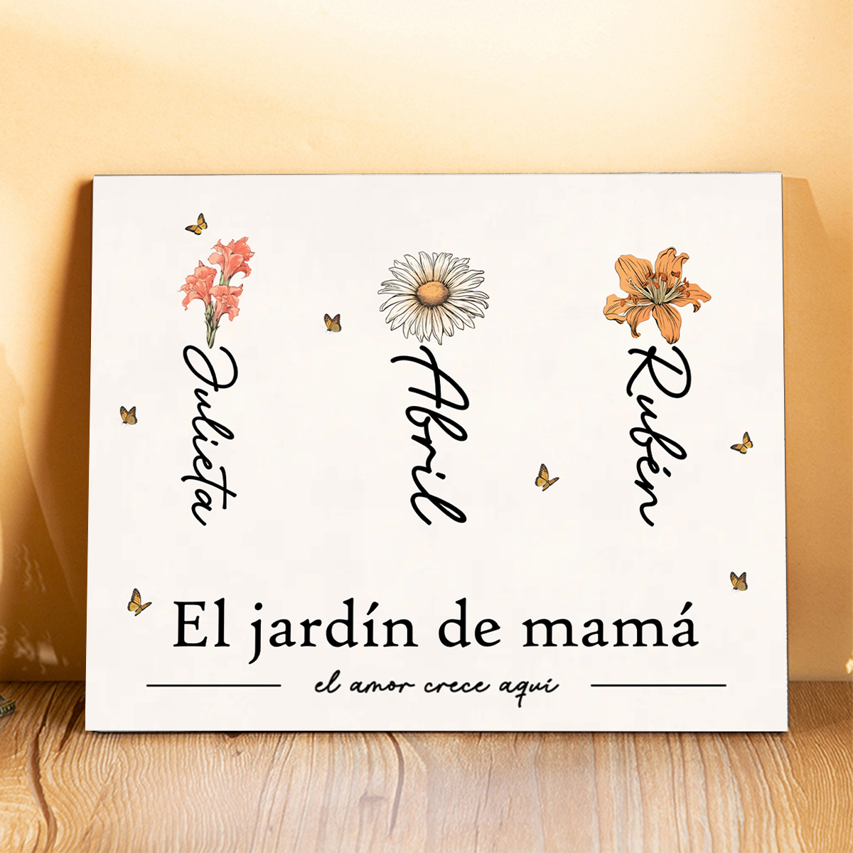 A familia - Lámina 1-12 nombres y flores personalizados con 1 texto marco de madera-Jessemade ES