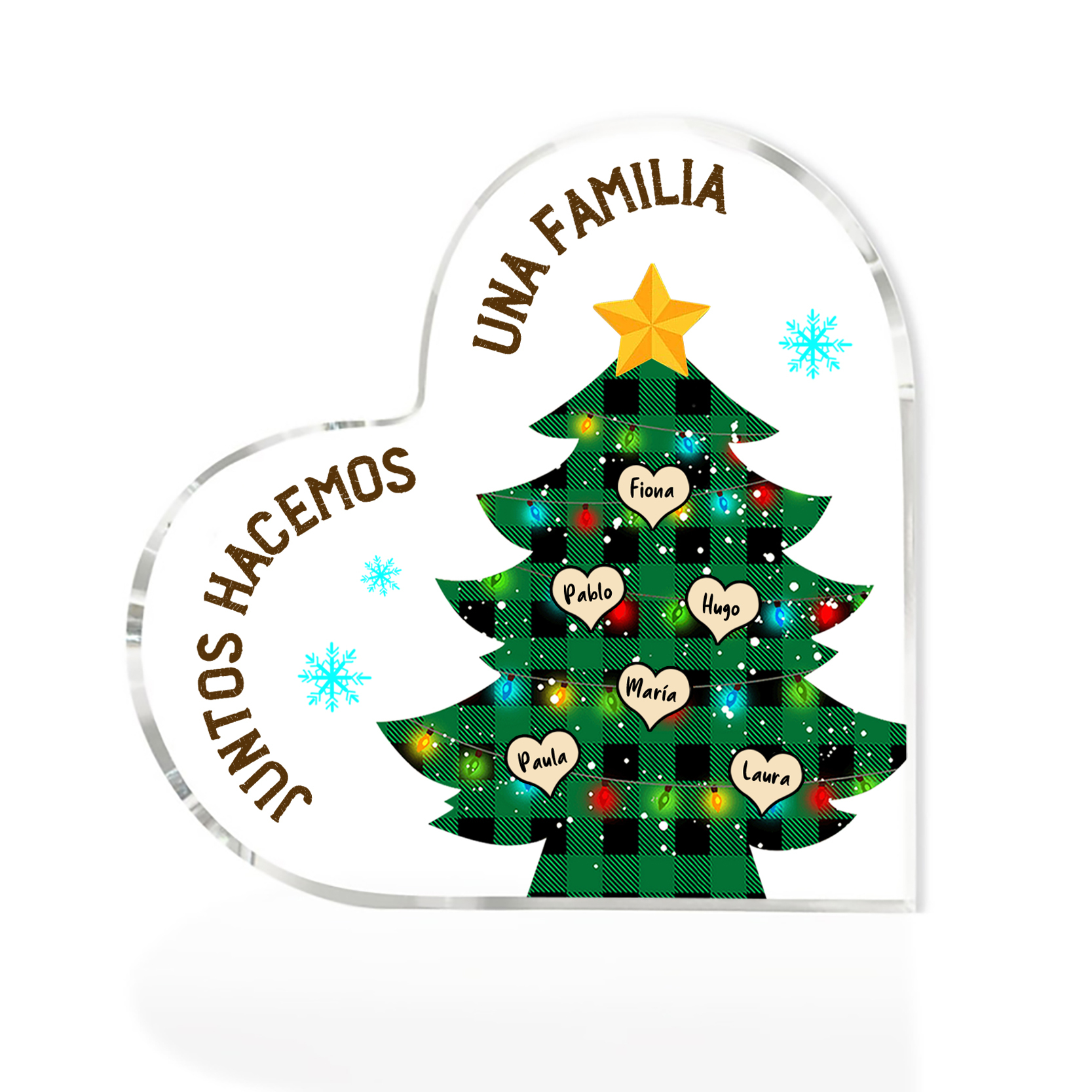 Navidad - Placa de acrílico en forma de corazón árbol con luces con 6 nombres personalizados-Jessemade ES