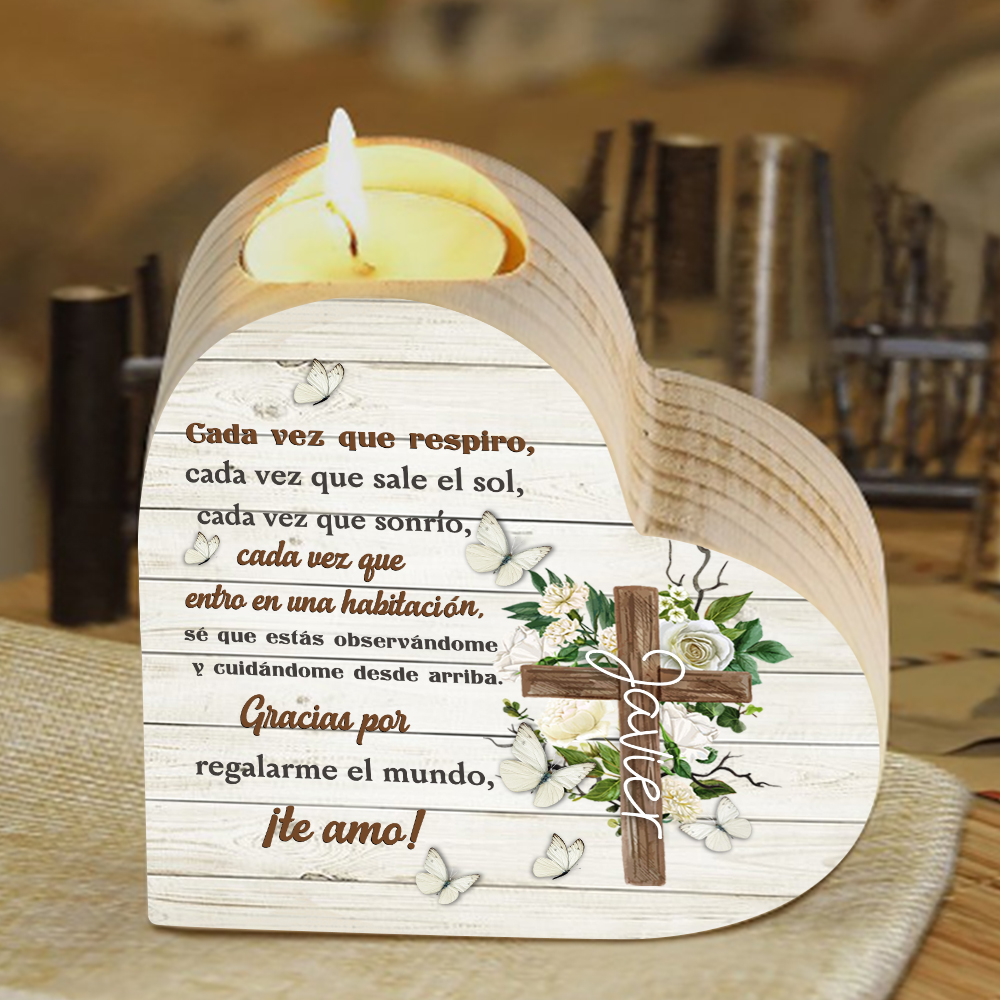 Navidad en el paraíso-Candelero de corazón en memoria de ser querido personalizado con nombre de madera sin vela-Jessemade ES