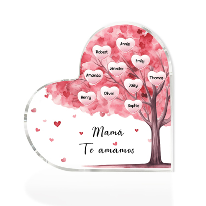 A mi mamá/abuela-Placa de acrílico "Árbol" en forma de corazón 10 nombres y 1 texto personalizados-Jessemade ES
