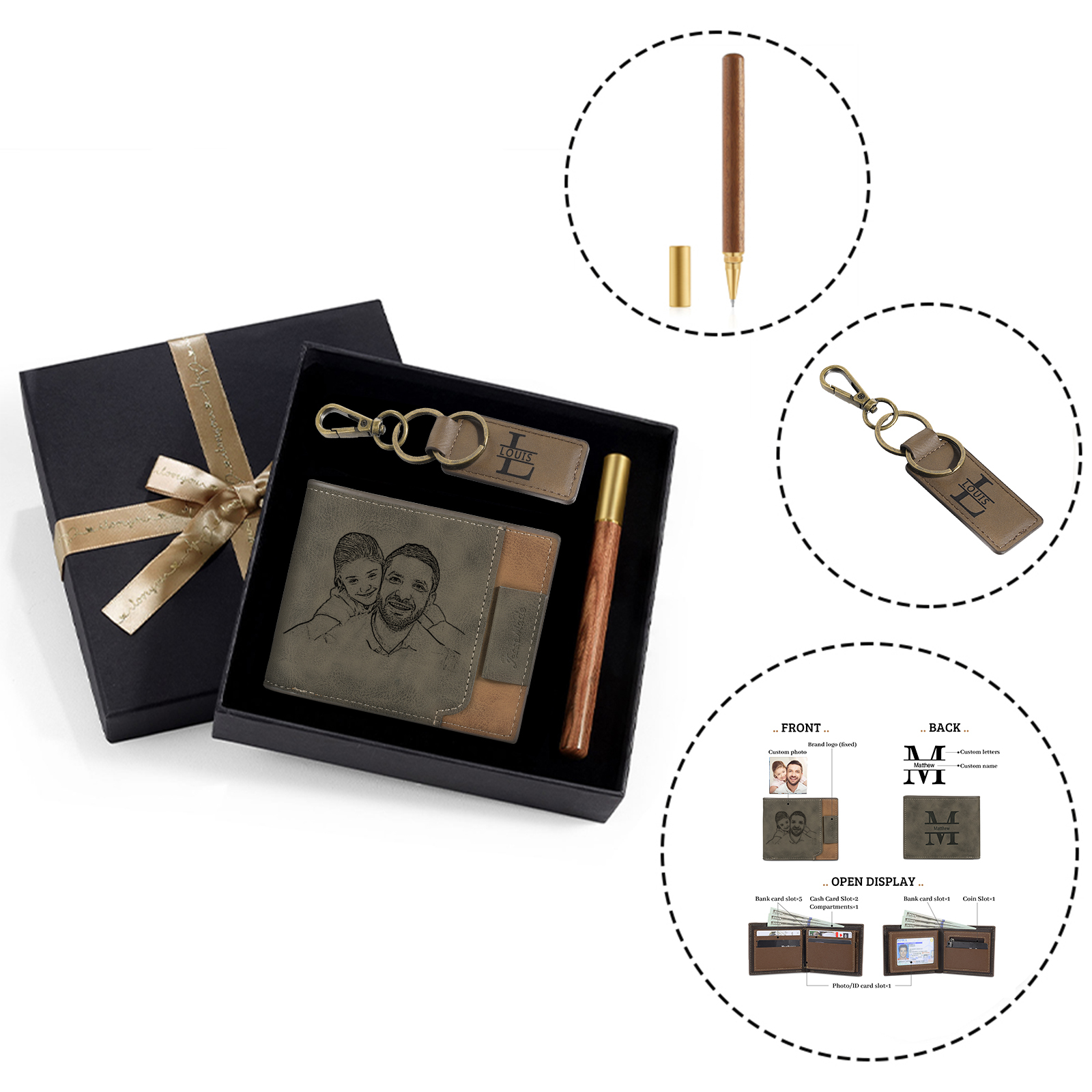 Kit de regalo-Llavero, cartera y bolígrafo con 2 nombres y 2 letras personalizados con foto para hombre-Jessemade ES