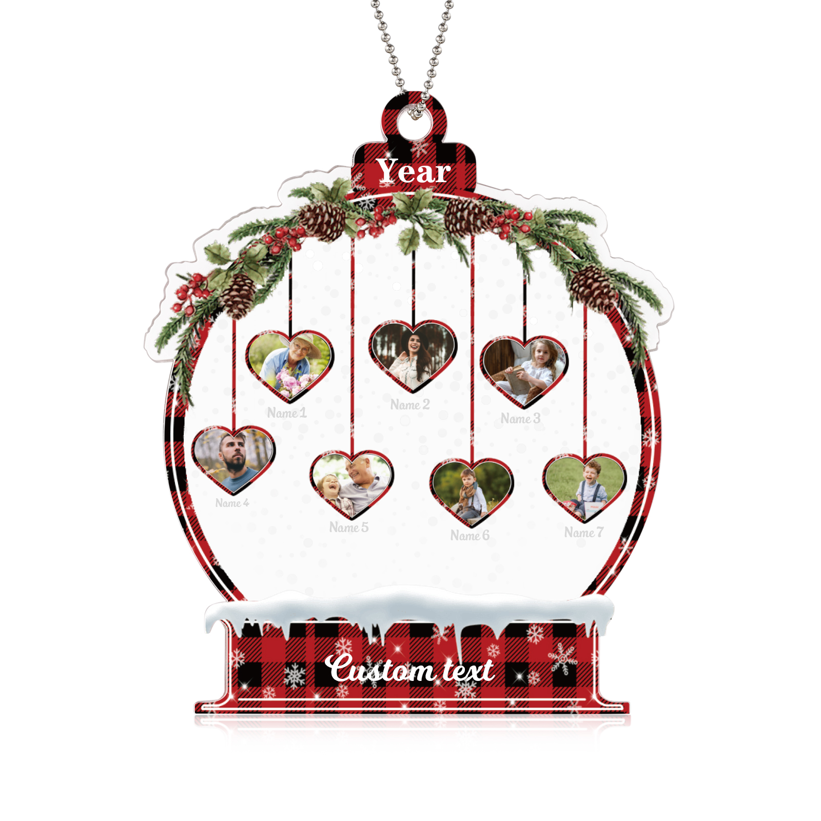 Navidad-Ornamento navideño de acrílico bola de cristal con 7 nombres, 7 fotos y 1 texto personalizados-Jessemade ES