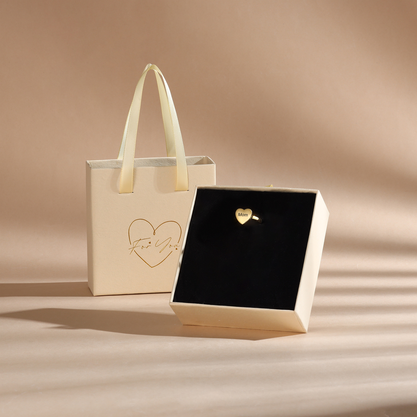 Anillo con corazón abierto personalizado con 1 foto y 1 texto-Jessemade ES