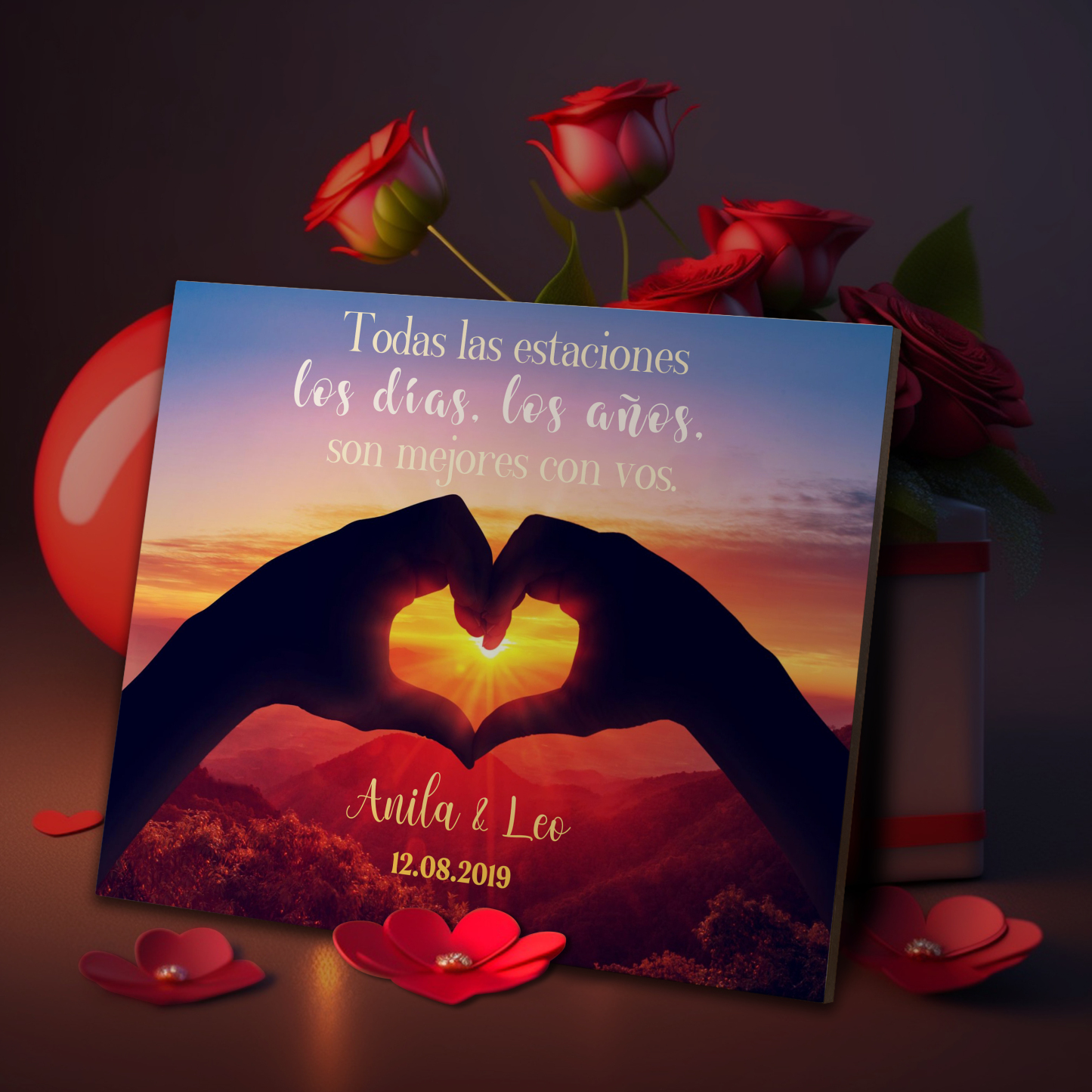 Lámina corazón marco de madera para pareja personalizado con 2 nombres y fecha-Jessemade ES