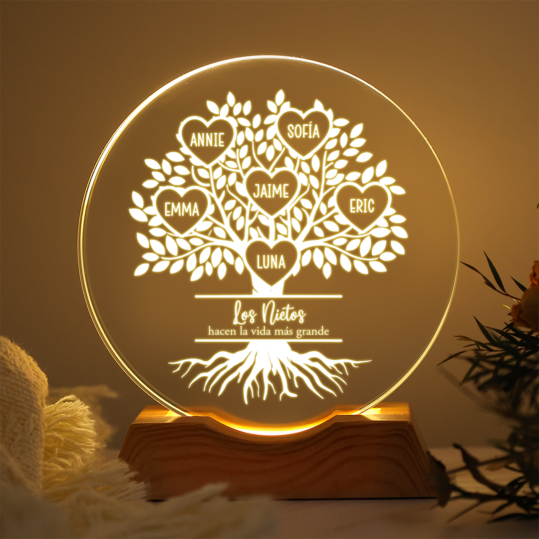 Luz nocturna LED de cristal personalizada con árbol genealógico, con los nombres de 1 a 10 nietos: regalo de cumpleaños y del Día de la Madre para mamá o abuela | Jessemade
