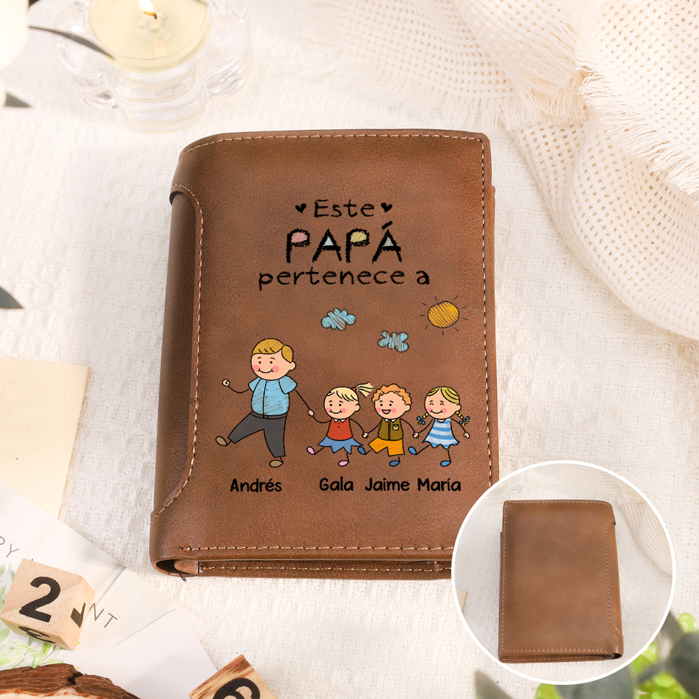Cartera de cuero personalizada para papá o abuelo, personalizada con 1–8 nombres y figuras de niños