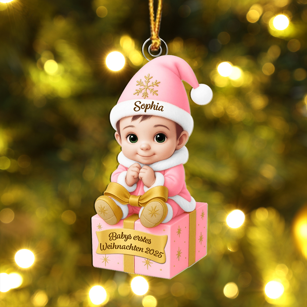 Adorno personalizado para el árbol de Navidad – Bebé sobre un regalo para su primera Navidad