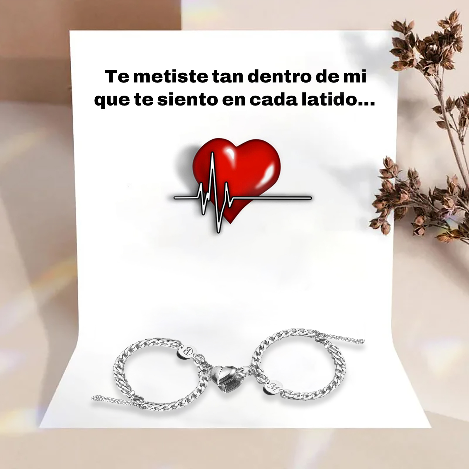 Pulsera compartida para pareja de acero personalizada con 2 letras con dije de corazón magnético | Jessemade