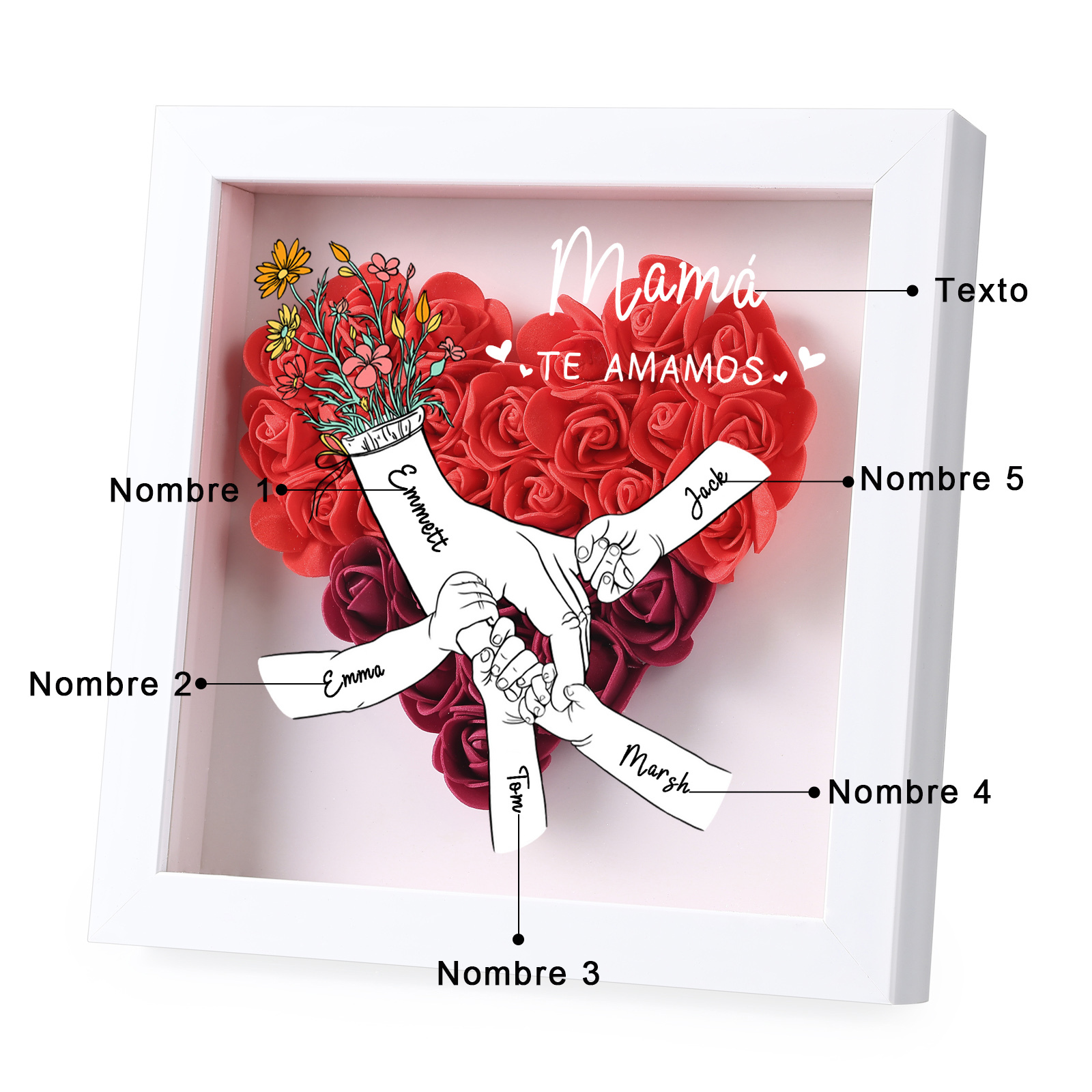 A mi mamá/abuela-Marco de flores de madera mano con mano personalizado con 5 nombres y 1 texto | Jessemade