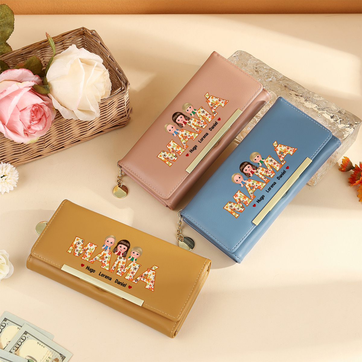 Cartera tipo llibro "MAMÁ" con 1-6 nombres y apariencias personalizados monedero clásico para mujer | Jessemade