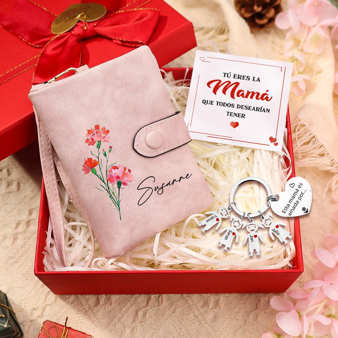 A mi mamá - Kit de regalo de cartera, llavero con "4 niños", tarjeta y caja nombre y flor de nacimiento personalizados | Jessemade