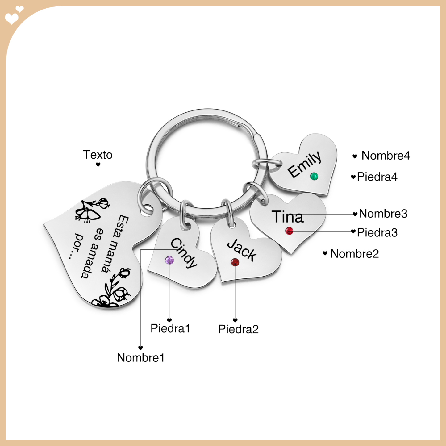 A mi mamá/abuela - Llavero con 4 nombres y piedras de nacimiento personalizados en corazones con texto-Jessemade ES