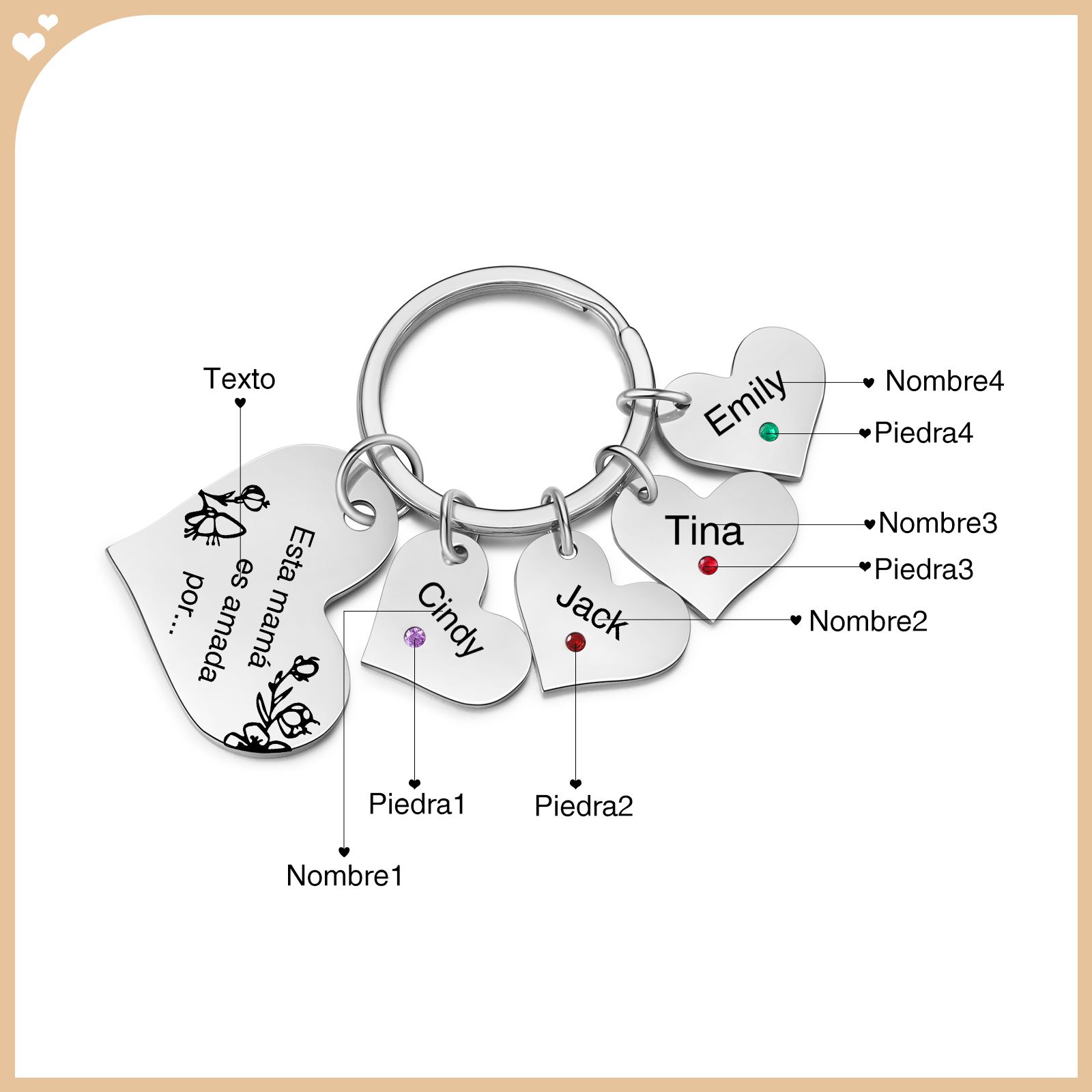A mi mamá/abuela - Llavero con 4 nombres y piedras de nacimiento personalizados en corazones con texto-Jessemade ES