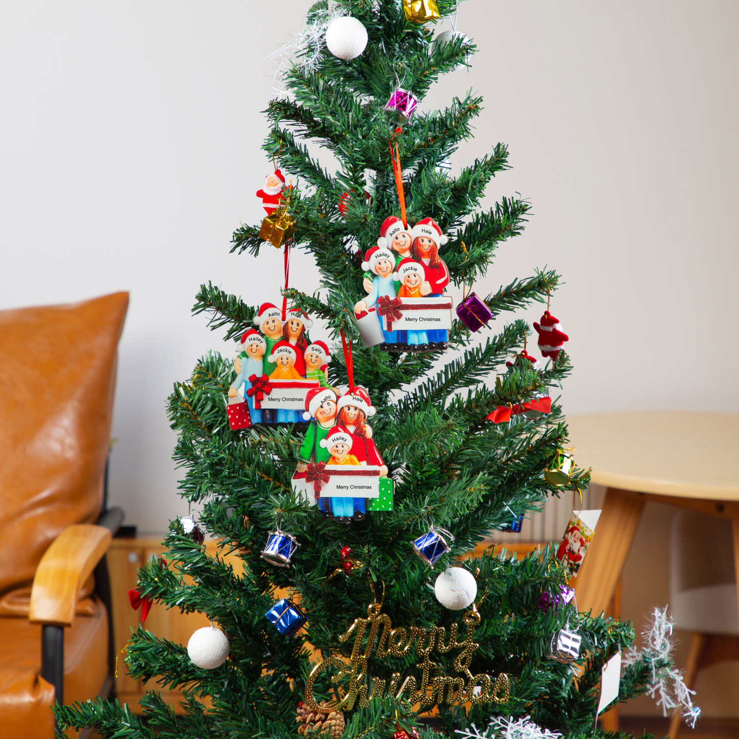 Navidad-Muñeco Ornamento Navideño 3 Nombres y Texto Personalizados Adorno de Madera
