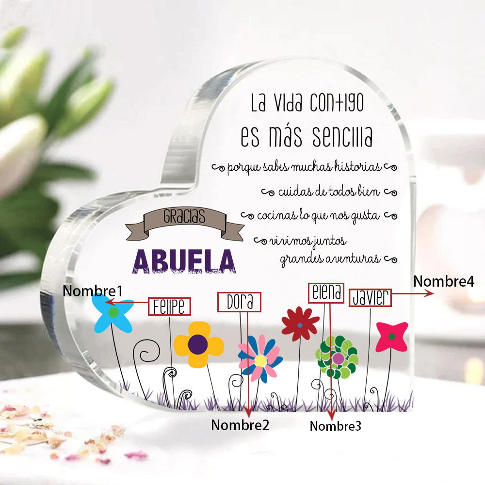 Abuela - Placa de acrílico en forma de corazón flores 1-5 nombres personalizados-Jessemade ES