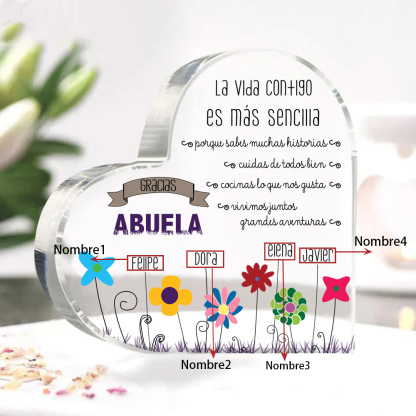 Abuela - Placa de acrílico en forma de corazón flores 1-5 nombres personalizados-Jessemade ES